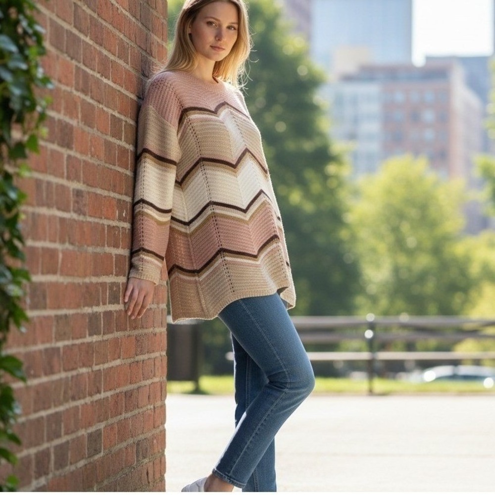 Top Knit‎ Women's Size 1X Long Sleeve Crew Neck Striped Pink Tan